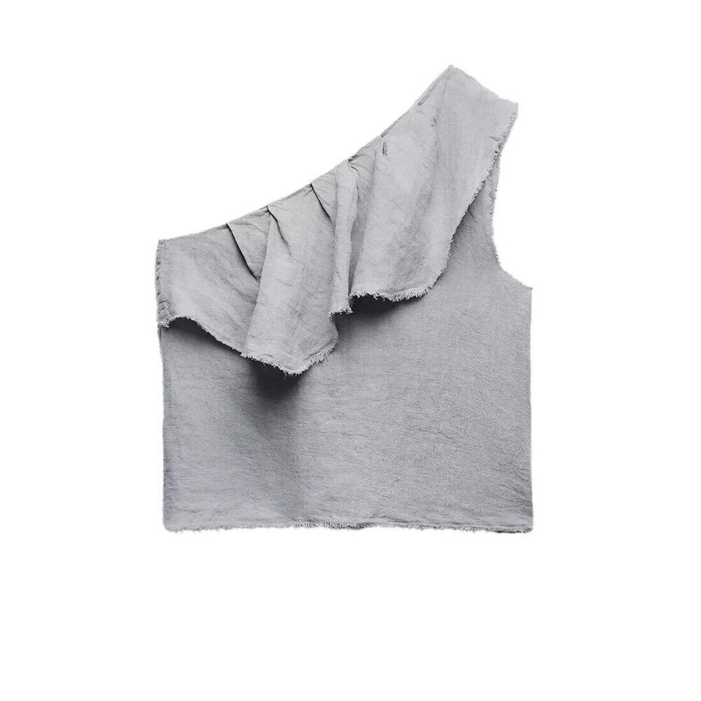 Gray Zara Linen Asymmetrical One Shoulder Ruffle Raw Hem Boho Blouse Top (NWT)